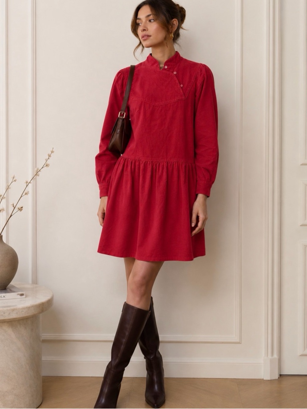 Vintage Neiman Marcus Red Corduroy Dress Prairie Boho Cottagecore Mini Red Large